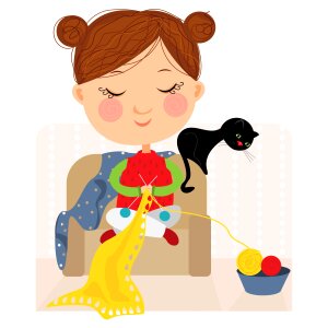 Girl needles to knit. Free illustration for personal and commercial use.
