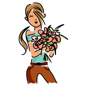 Girl brunette bouquet of flowers. Free illustration for personal and commercial use.