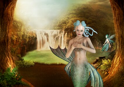 Forest waterfall fairy tale. Free illustration for personal and commercial use.