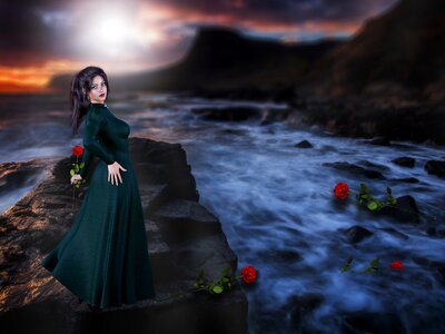 Sunset sea women gothic. Free illustration for personal and commercial use.