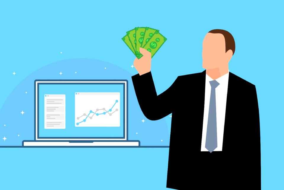 Man in suit holding money cartoon
