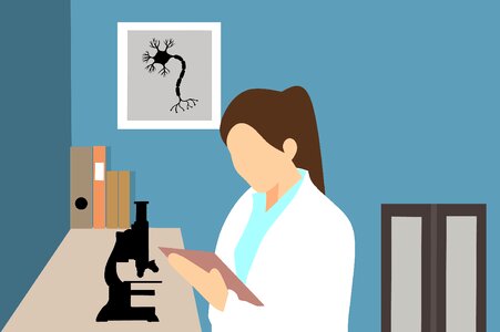 Observes microscope analysis. Free illustration for personal and commercial use.