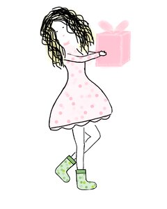 Pink skirt girl in pink curly hair. Free illustration for personal and commercial use.