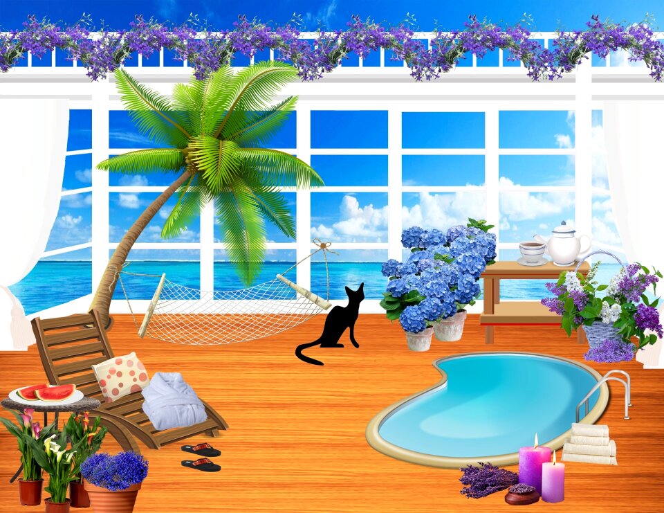 Flowers black cat seaside. Free illustration for personal and commercial use.