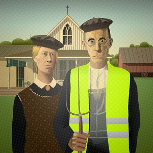 Grant wood yellow jackets protest. Free illustration for personal and commercial use.