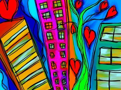 Property skyscrapers hearts. Free illustration for personal and commercial use.