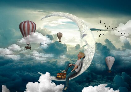 Moon balloon clouds. Free illustration for personal and commercial use.