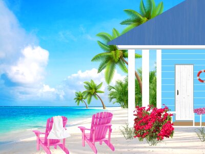 Sandy beach cottage palm trees. Free illustration for personal and commercial use.