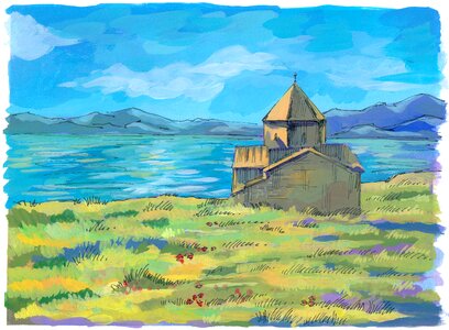 Armenian apostolic church lake landscape. Free illustration for personal and commercial use.