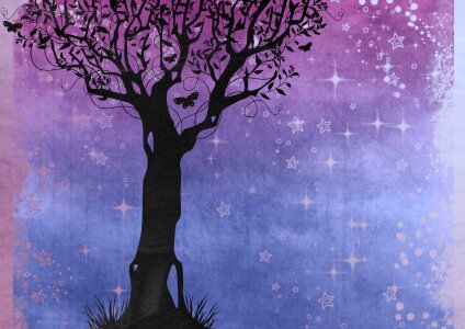 Purple sky tree silhouette. Free illustration for personal and commercial use.