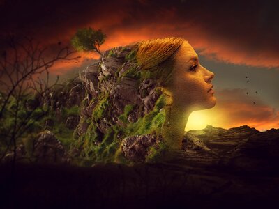 Woman rock forest. Free illustration for personal and commercial use.