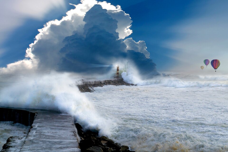 Wave clouds lighthouse. Free illustration for personal and commercial use.