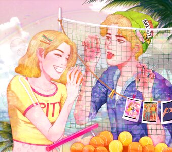 Tennis courts set hawaiian couple. Free illustration for personal and commercial use.