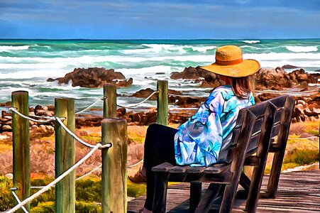 Seated woman sitting in front of the sea sea. Free illustration for personal and commercial use.