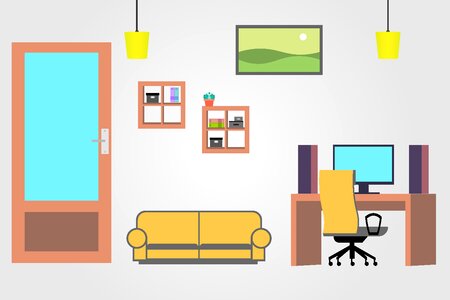 Flat home office. Free illustration for personal and commercial use.