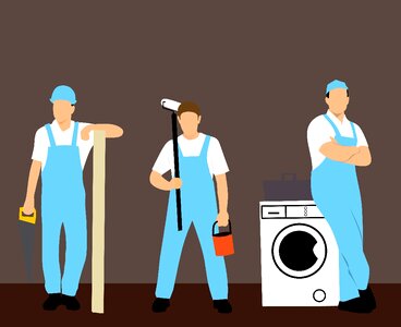 Plumber teamwork fixing. Free illustration for personal and commercial use.