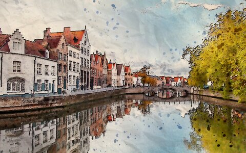 Water reflection town. Free illustration for personal and commercial use.