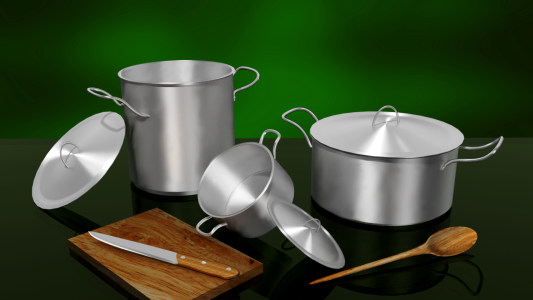 Pans kitchen utensils 3d models. Free illustration for personal and commercial use.