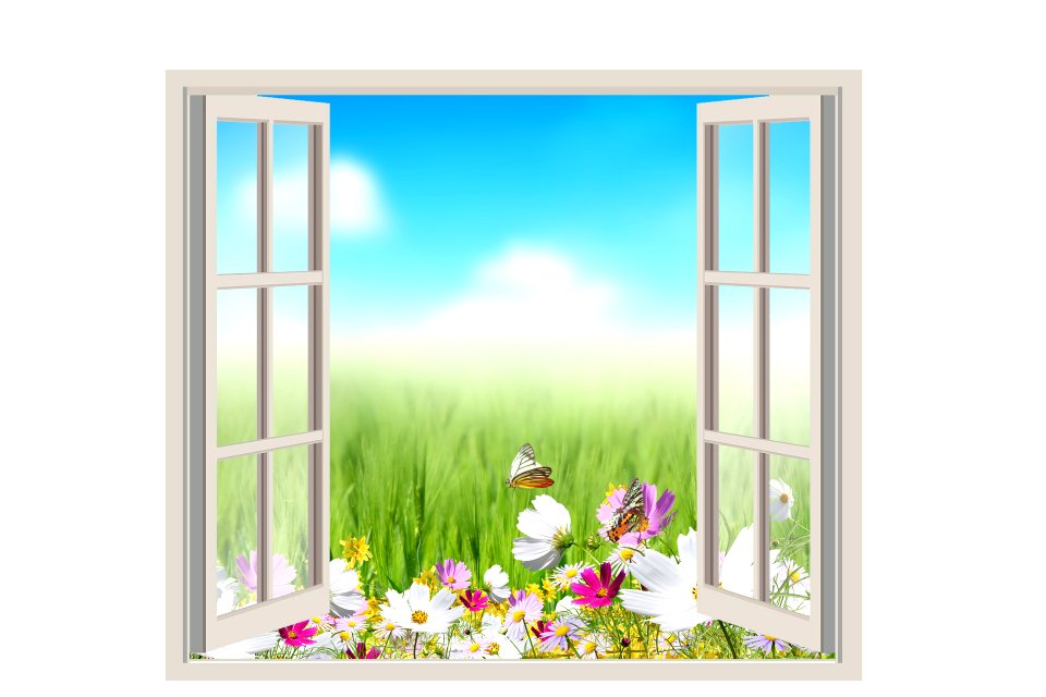 Open window with green field under blue sky on a background. Free illustration for personal and commercial use.