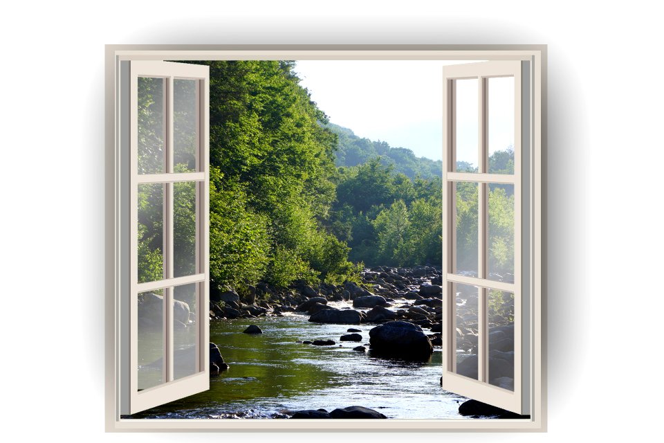 Open window with forest on a background. Free illustration for personal and commercial use.