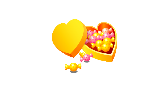 Valentine's Day setup with a yellow heart shaped metal candy box. Free illustration for personal and commercial use.