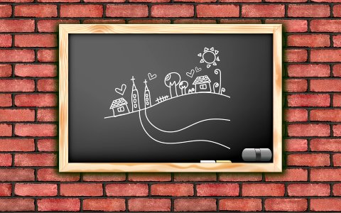 Drawing of landscape on blackboard. Free illustration for personal and commercial use.