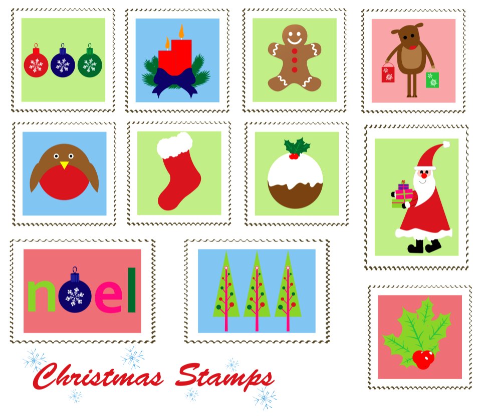 Christmas Postage Stamps. Free illustration for personal and commercial use.