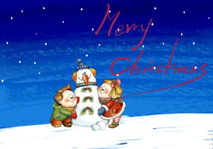 Christmas Card-snowman and children. Free illustration for personal and commercial use.