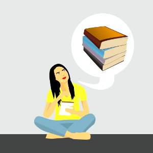 Girl Studying - Thinking About Books. Free illustration for personal and commercial use.
