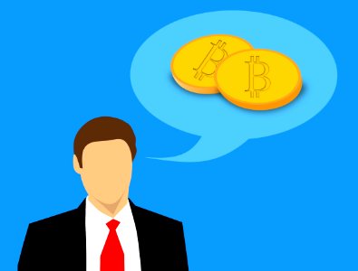 Businessman Thinking About Bitcoin. Free illustration for personal and commercial use.