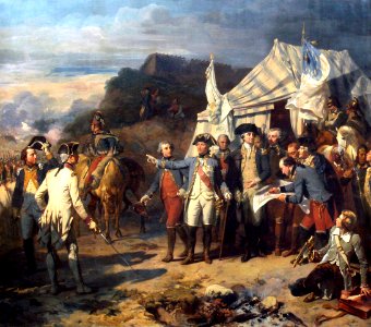 Washington and Rochambeau giving orders before battle of Yorktown, American Revolution. Free illustration for personal and commercial use.