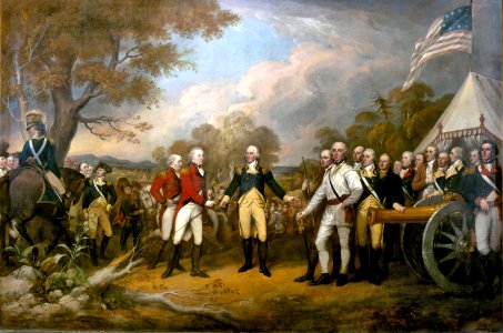 Surrender of General Burgoyne at Saratoga during the American Revolution. Free illustration for personal and commercial use.