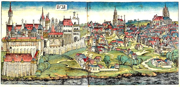 Budapest during the middle ages from the Nuremberg Chronicle in 1493 in Hungary. Free illustration for personal and commercial use.
