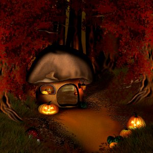 Mushroom house during Halloween. Free illustration for personal and commercial use.
