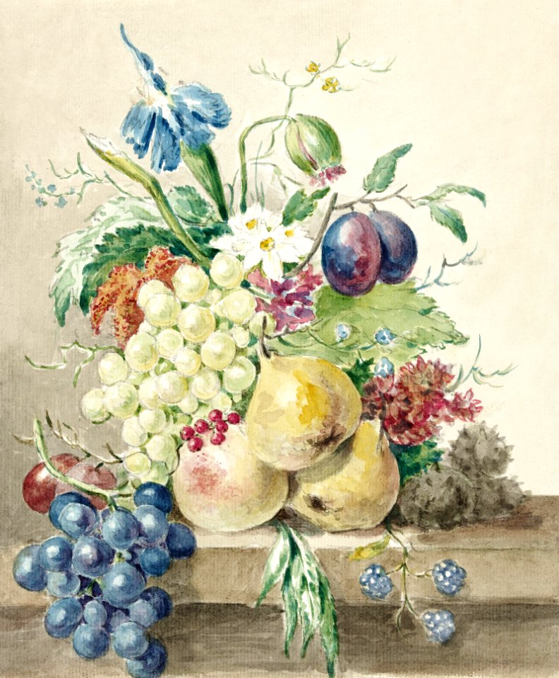 Still life of flowers and fruits by Jean Bernard (1775-1883).