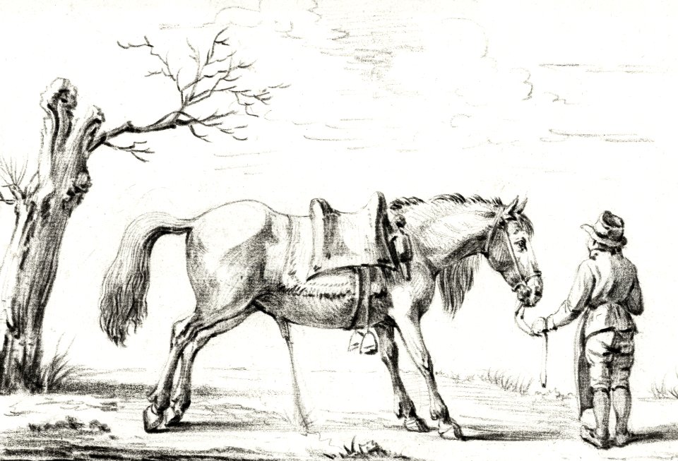 Rider standing next to horse by Jean Bernard (1775-1883).