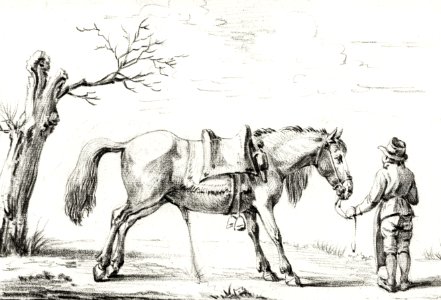 Rider standing next to horse by Jean Bernard (1775-1883).. Free illustration for personal and commercial use.
