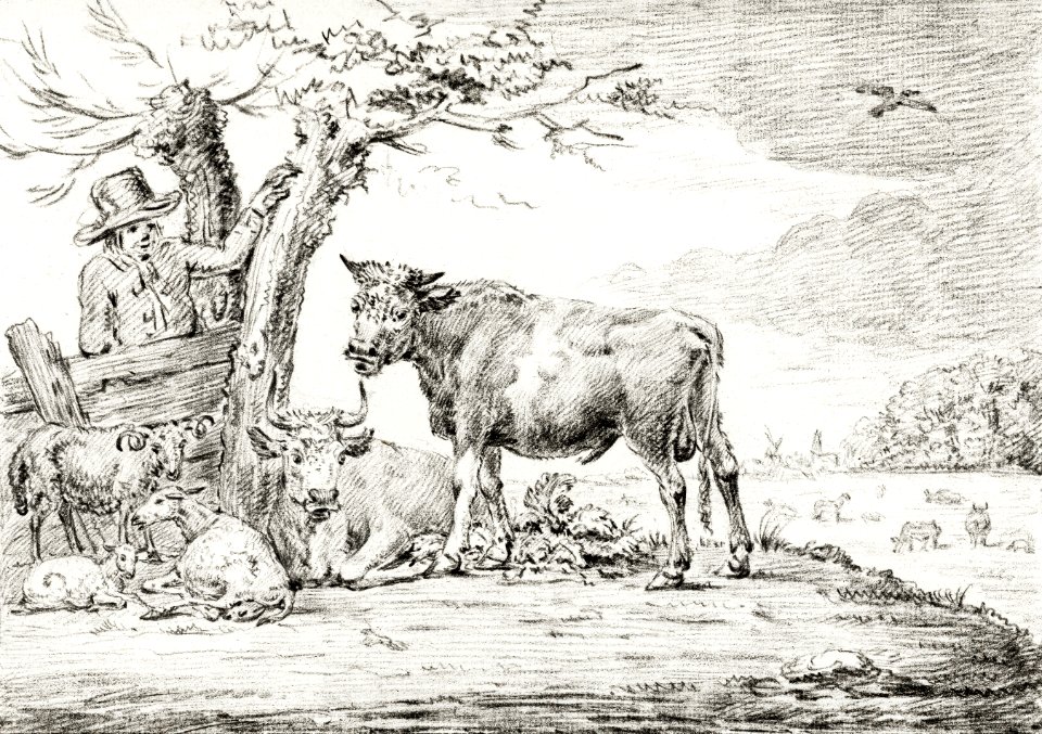 Farmer standing at a fence with cattle by Jean Bernard (1775-1883).