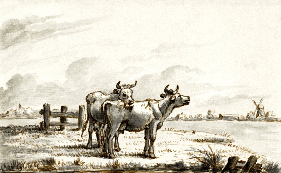 Two cows in the pasture by Jean Bernard (1775-1883).Original from the Rijks Museum.