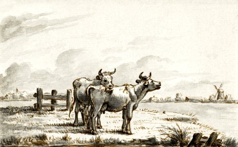 Two cows in the pasture by Jean Bernard (1775-1883).Original from the Rijks Museum.. Free illustration for personal and commercial use.