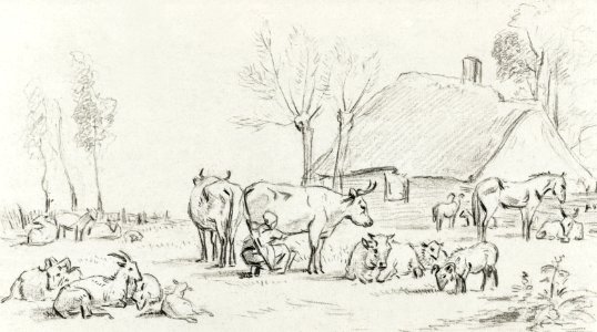 Farmyard with cattle and milking woman by Jean Bernard (1775-1883).