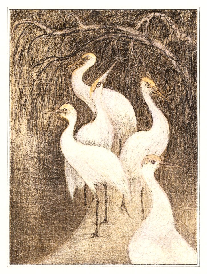 Zes kraanvogels aan de waterkant (1878–1910) print in high resolution by Theo van Hoytema.