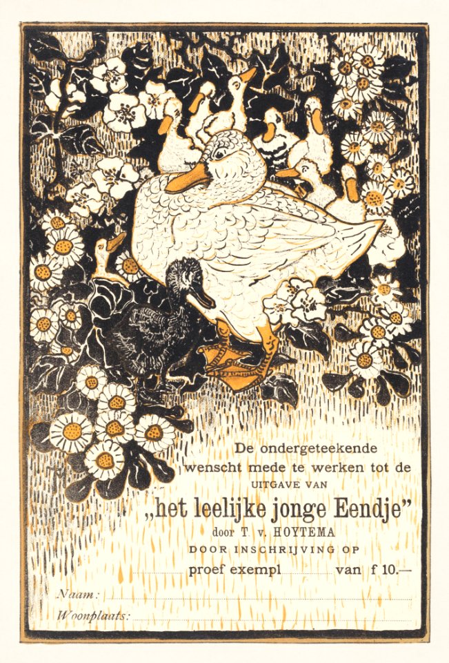 Bestelkaart voor proefexemplaar van 'Het leelijke jonge eendje' (1893) print in high resolution by Theo van Hoytema.