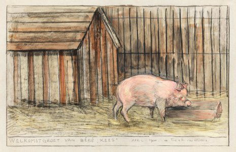Varken Voor zijn kot bij een trog (1900) print in high resolution by Theo van Hoytema.