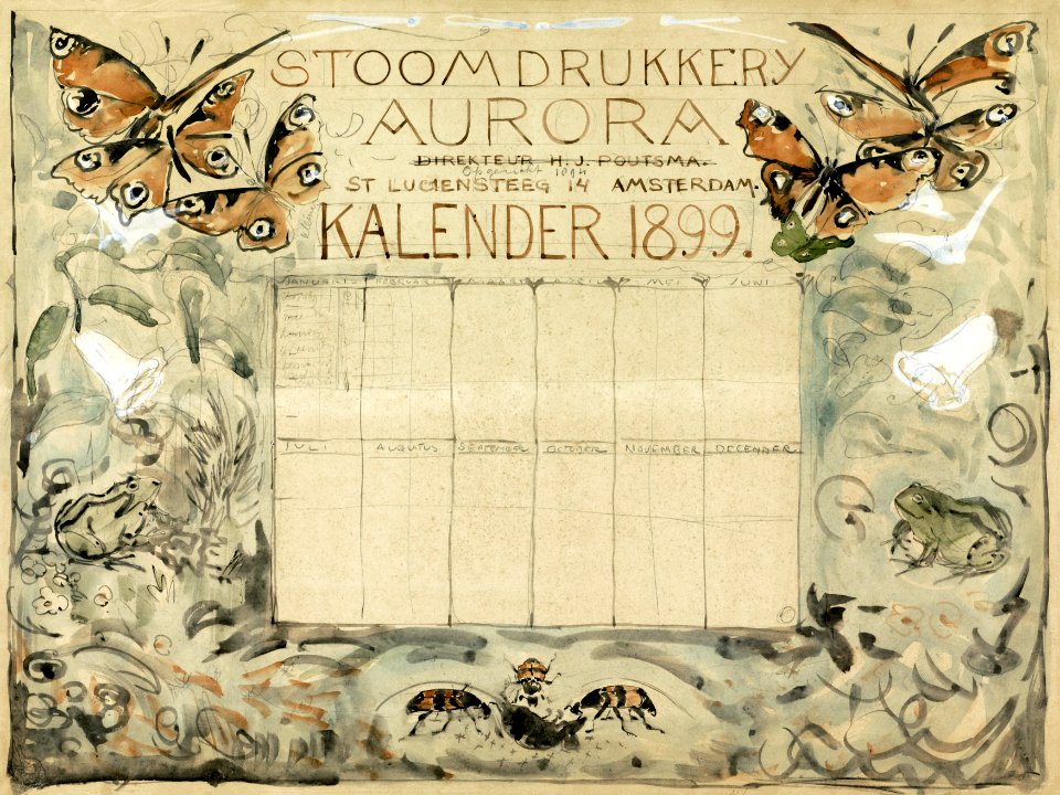 Ontwerp voor de kalender 1899 voor de Stoomdrukkerij Aurora (1874–1899) print in high resolution by Theo van Hoytema.