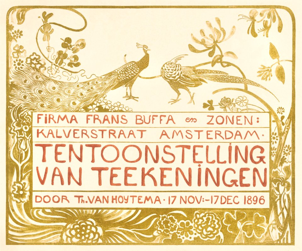 Tentoonstellingsaffiche met een pauw en een fazant voor een tentoonstelling van Theo van Hoytema bij Firma Frans Buffa en Zonen te Amsterdam (1896) print in high resolution by Theo van Hoytema.
