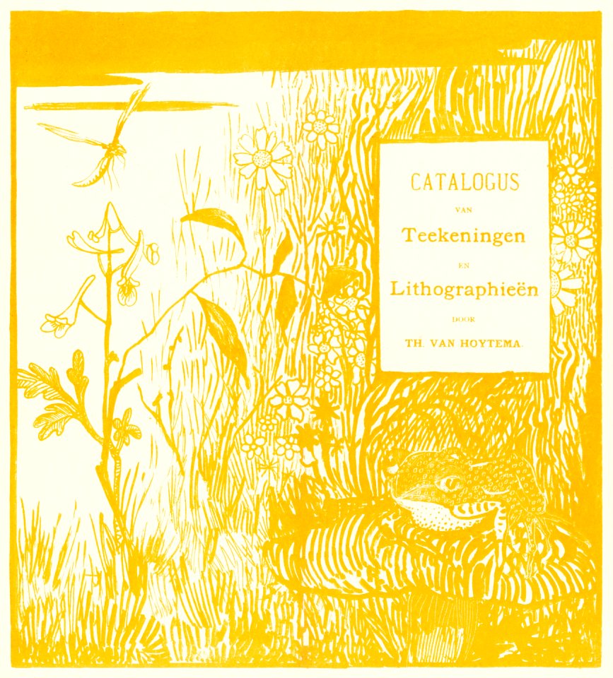 Catalogusomslag met pad en libelle (ca. 1878–1917) print in high resolution by Theo van Hoytema.