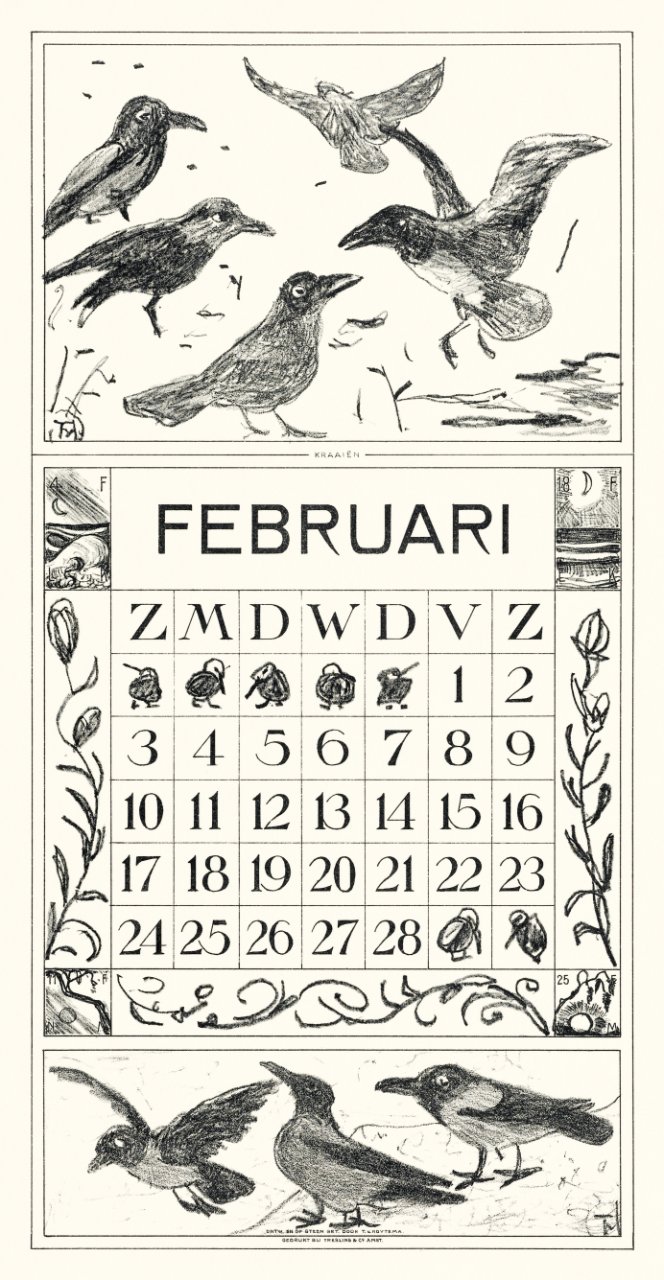 Kalenderblad februari met kraaien (1971) print in high resolution by Theo van Hoytema.