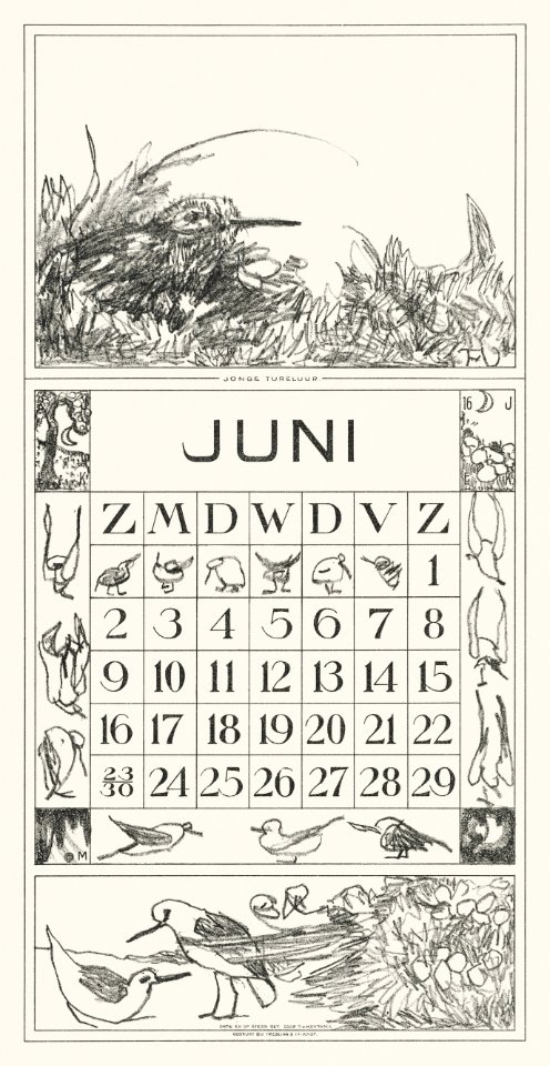 Kalenderblad juni met tureluur in het gras (1917) print in high resolution by Theo van Hoytema.