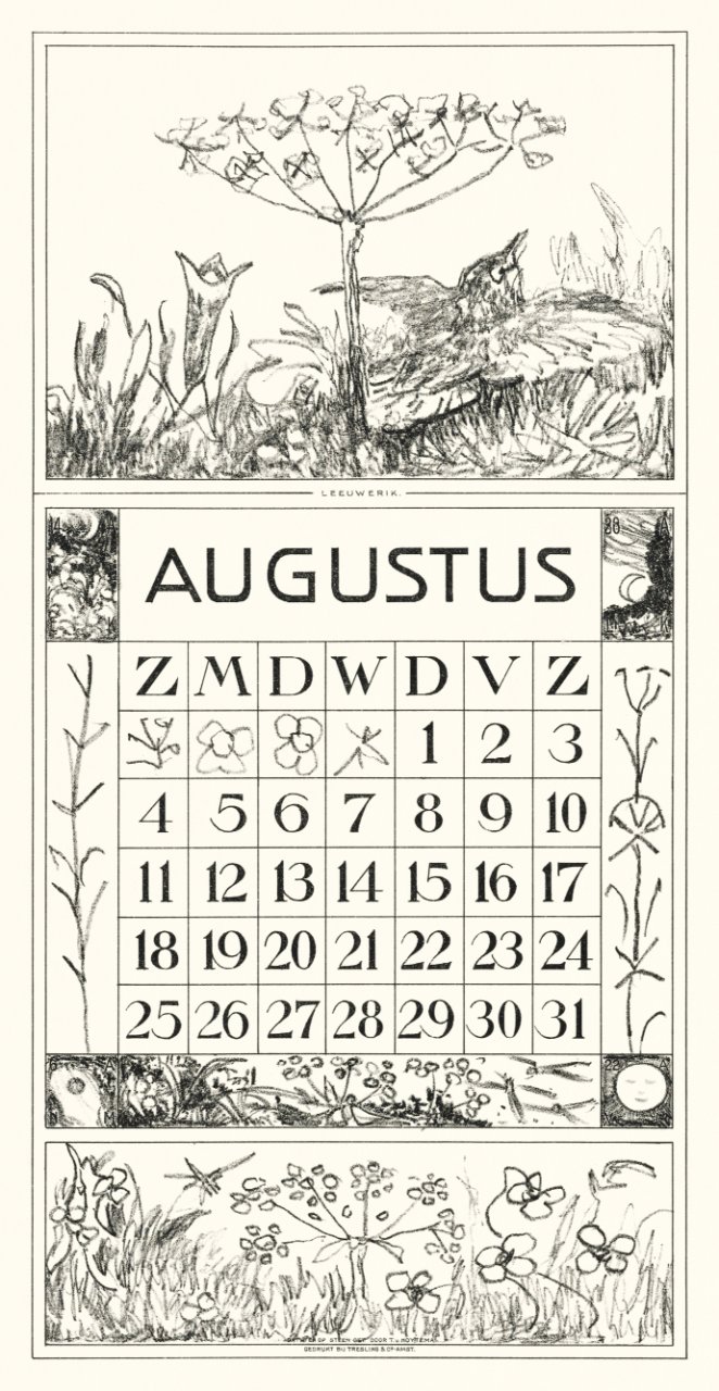 Kalenderblad augustus met leeuwerik en bloem (1917) print in high resolution by Theo van Hoytema.